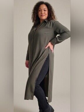 Boho Longline Flowy Olive Green Tunic Top w/ Side Slits. Size 1X.  See Video